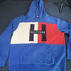 Tommy Hilfiger Mens Colorblock Hoodie Blue Large H Logo Sz XL Pullover Y2K VTG